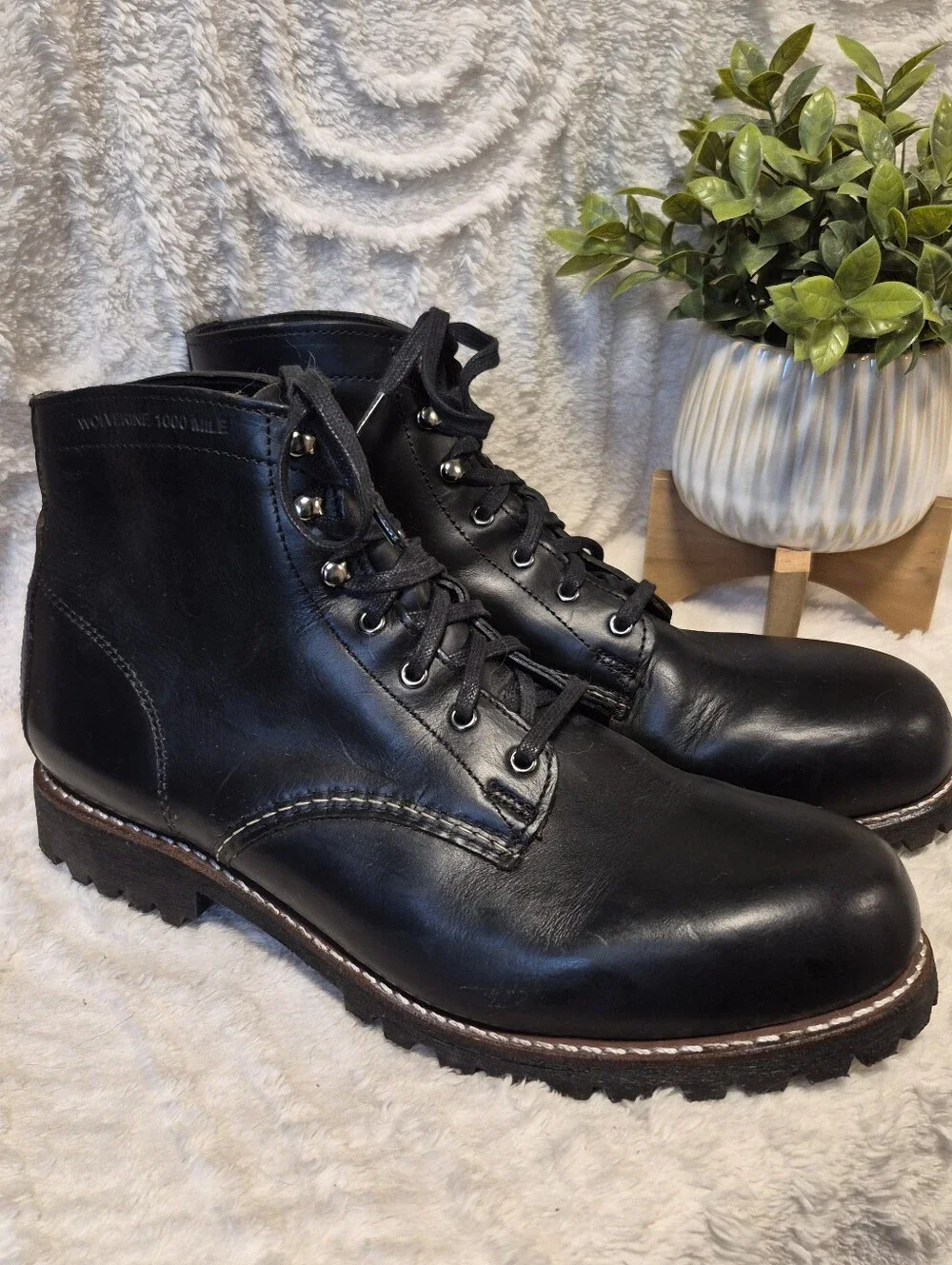 Wolverine 1000 Mile Plain Toe Rugged Boots Black Leather Lace Up Men's Sz 12 EUC